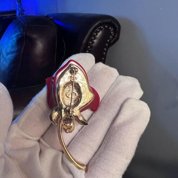 Kenneth Jay Lane Vintage Red Rose Brooch with Crystal Accents - Picture 3 of 4